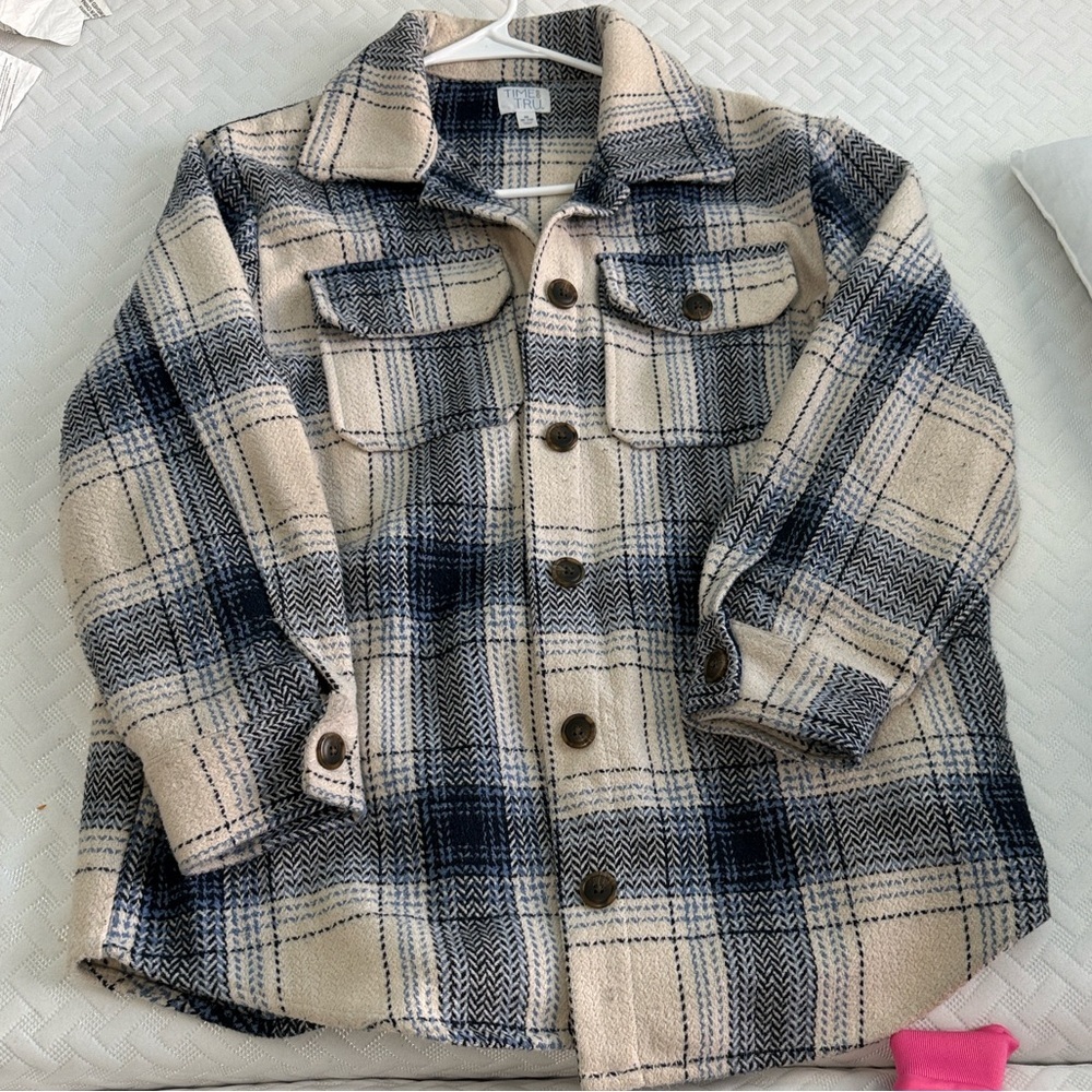 Time and Tru Cream and Navy Plaid Button-Down Shirt